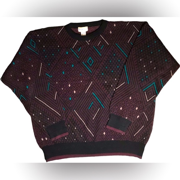 Wool knit crewneck sweater plum color with turquoise and white geometric pattern - Picture 1 of 5